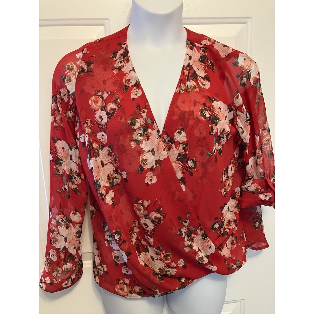 Kut From The Cloth Sz‎ Medium Sheer Red Wrap Blouse Shirt Floral Women’s